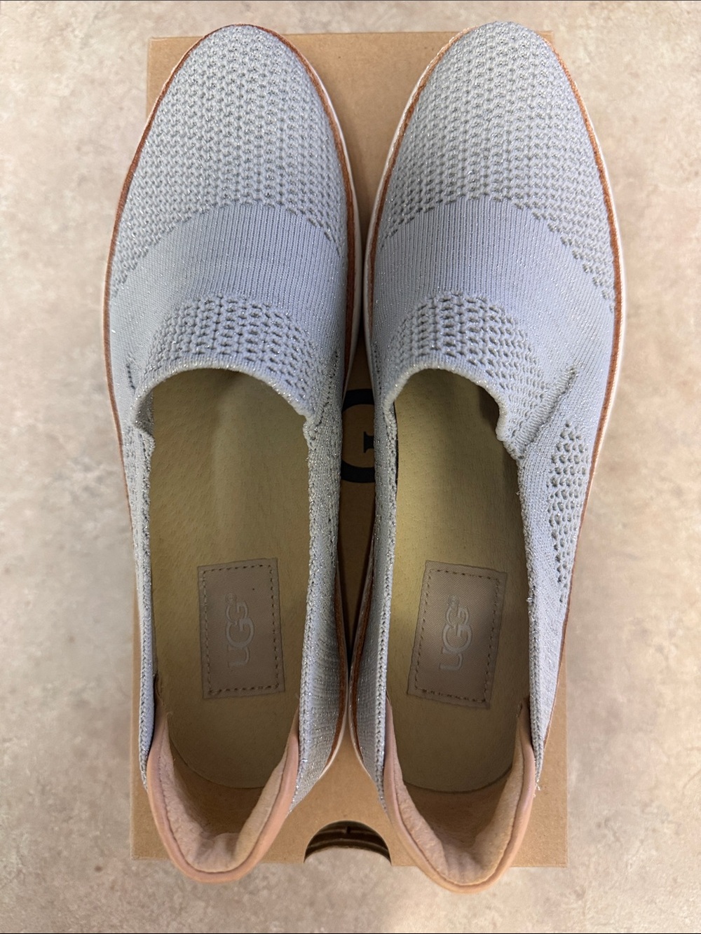 UGG Women's Slip-On Knit Flats in Light Gray with Tan Trim
